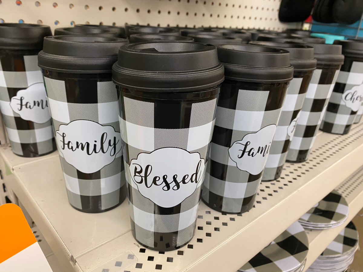 black and white tumblers on store shelf