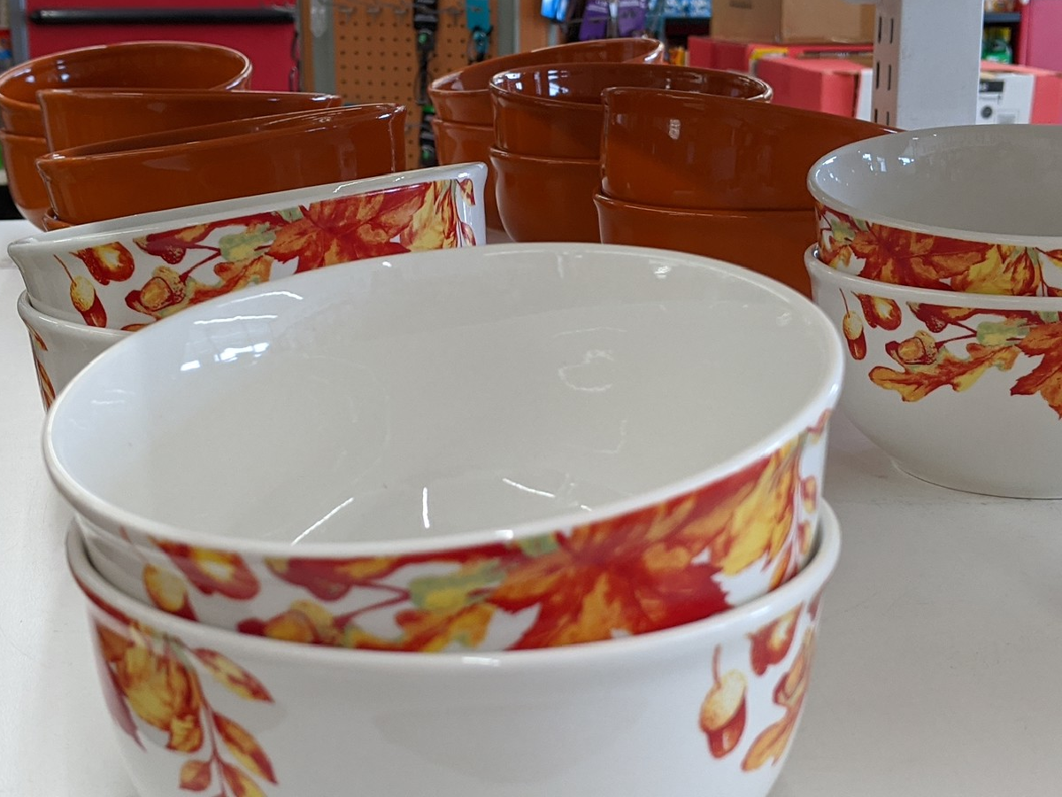 bowls stacked on shelf in store