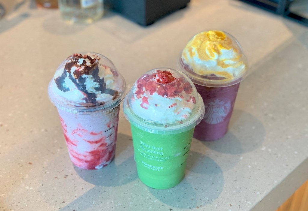 three colorful sanderson sisters frappuccinos