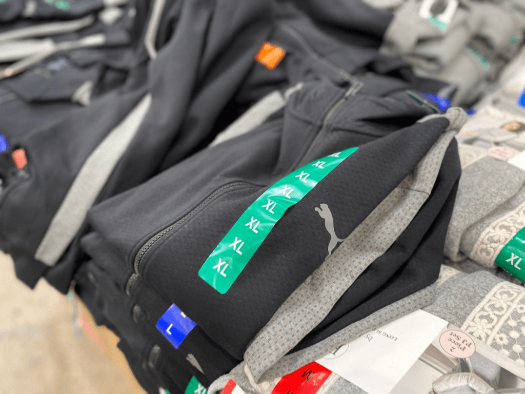 jackets laying on store table for display