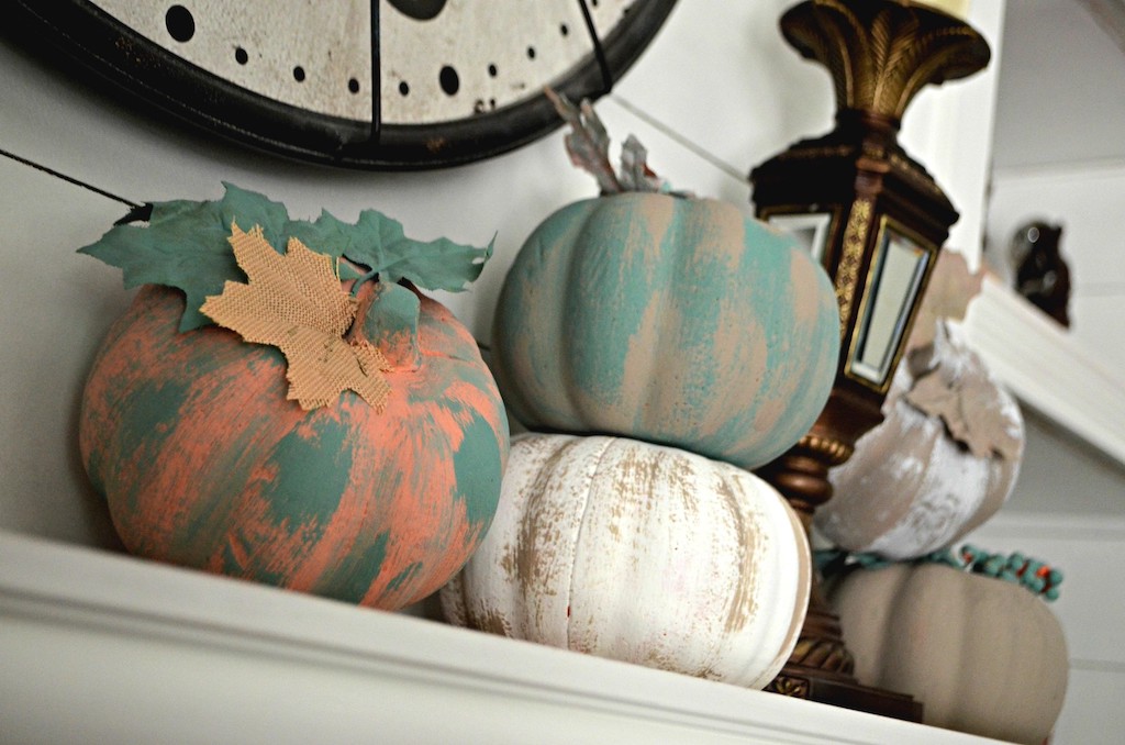 painted pumpkins on mantle 