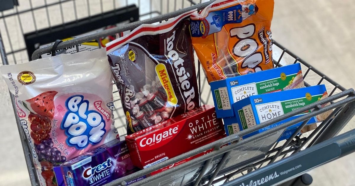 Walgreens cart with candy, toothpaste and storage bags