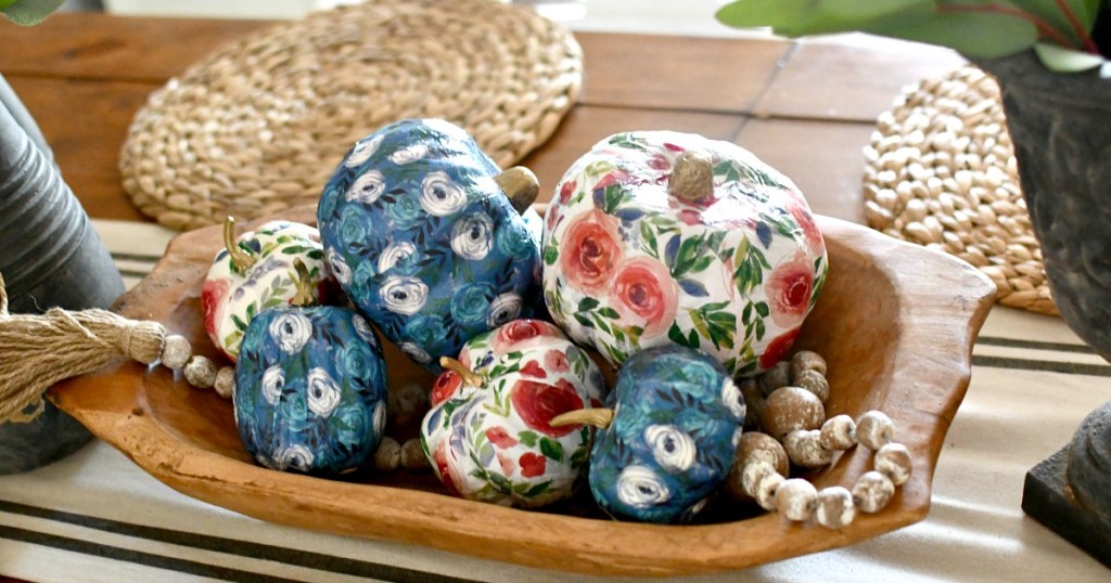 wood bowl with tissue paper pumpkins craft