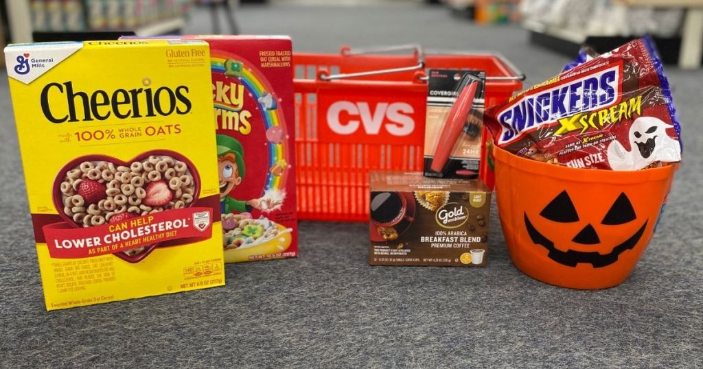 cereal, CVS basket, coffee, candy and a Halloween bucket