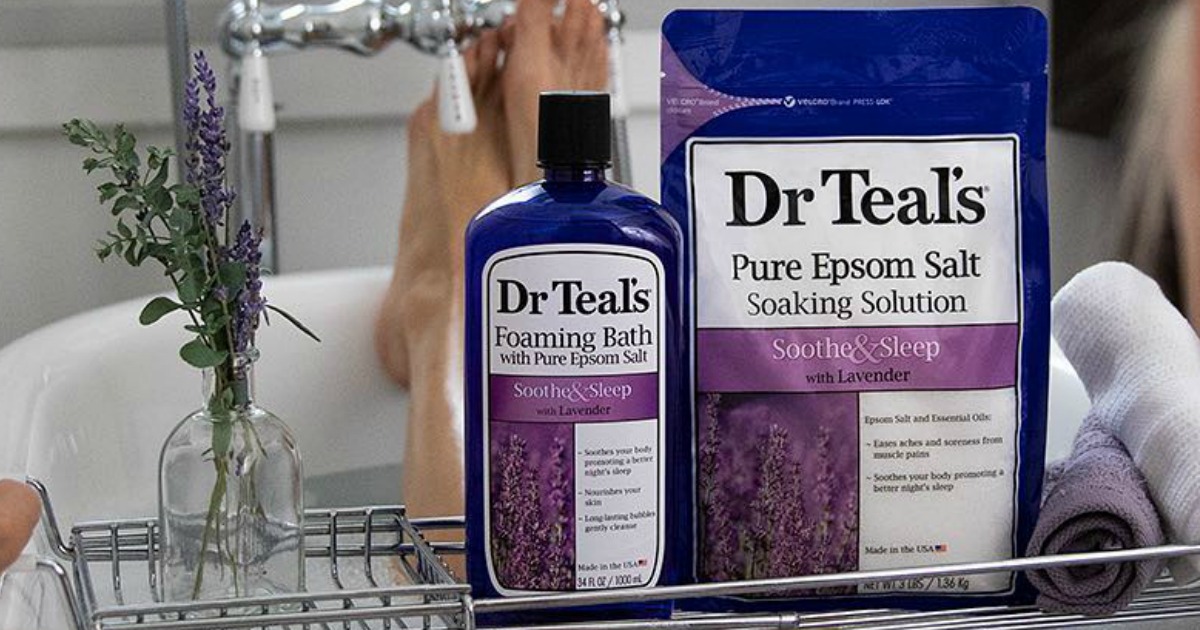 Dr. Teal's Foaming Bath on bath tray with woman in bath