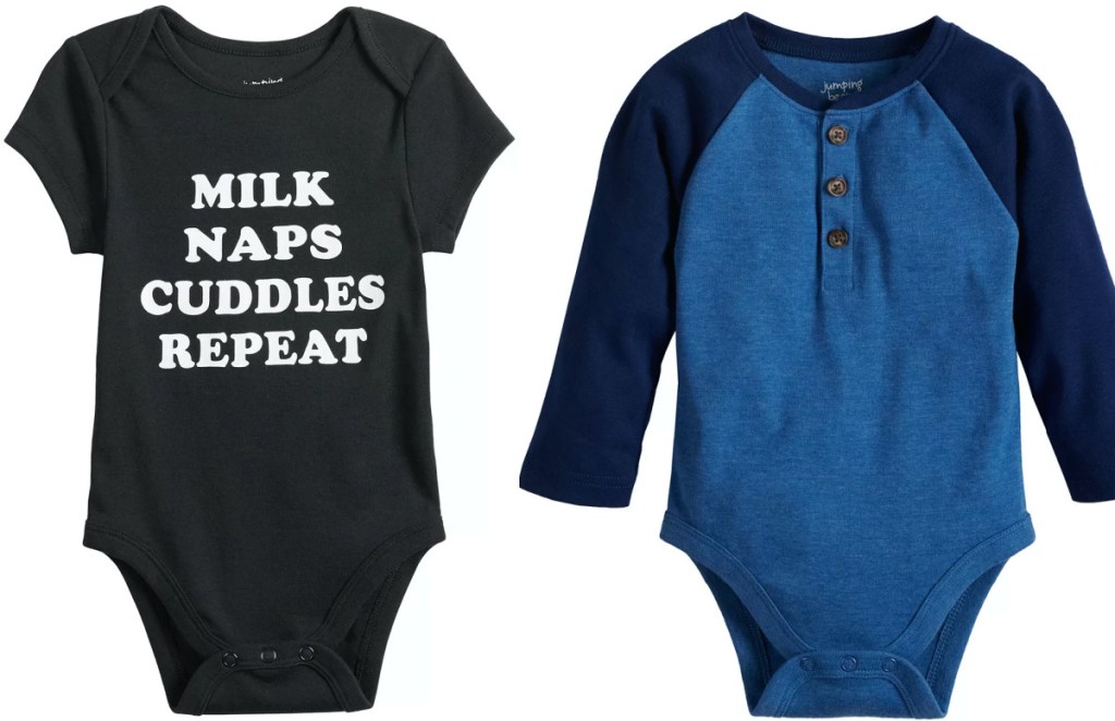 baby black graphic bodysuit and blue long-sleeve bodysuit