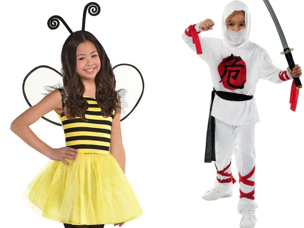 Two kids dressed up for halloween as a bee and a ninja