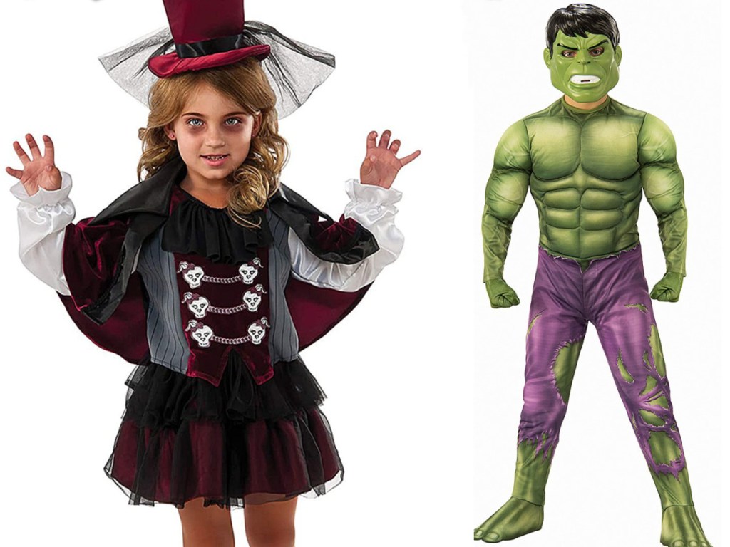 Little girl wearing a burgundy vampire costume and boy wearing a green hulk costume