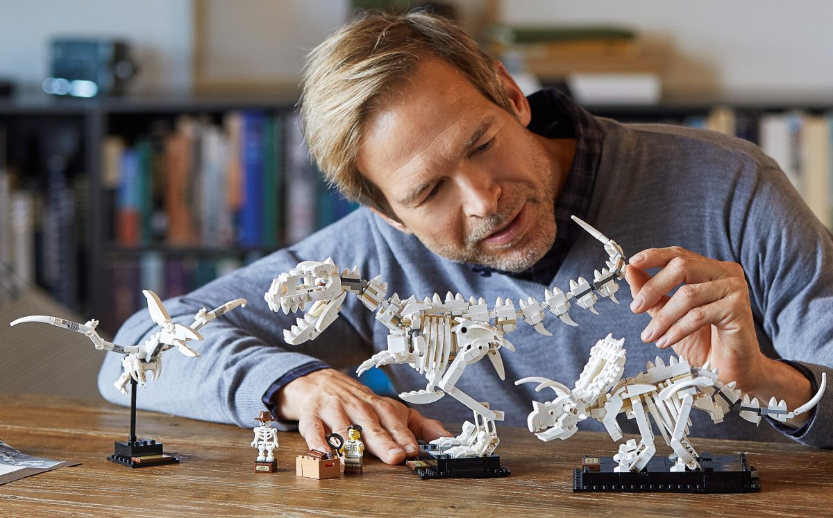 man building dinosaur fossil kit