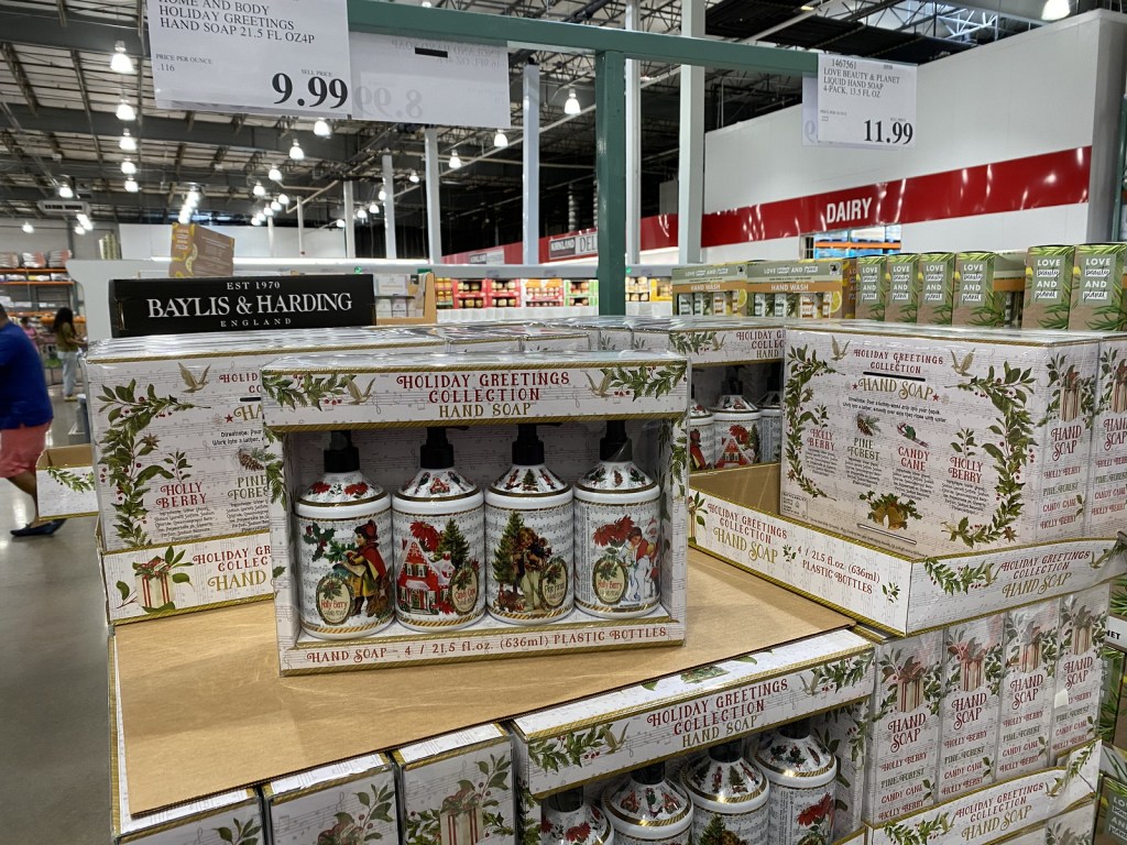 La Tasse Holiday Greetings Hand Soaps on Costco store display