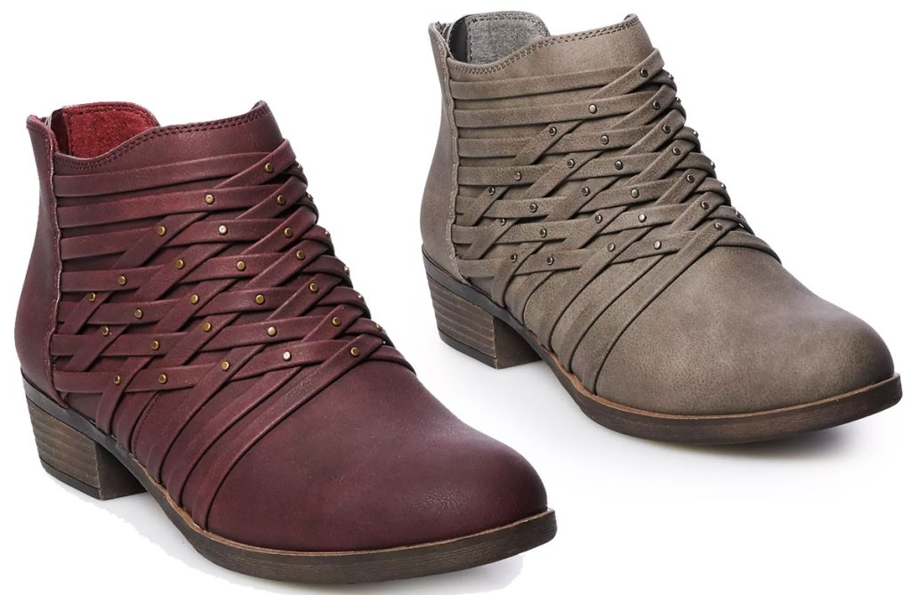 two pairs of women's ankle booties in maroon and grey colors