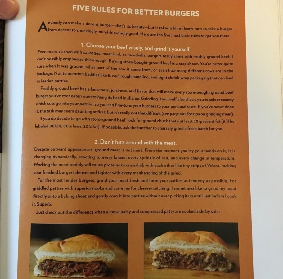 cookbook page showing tips on making burgers
