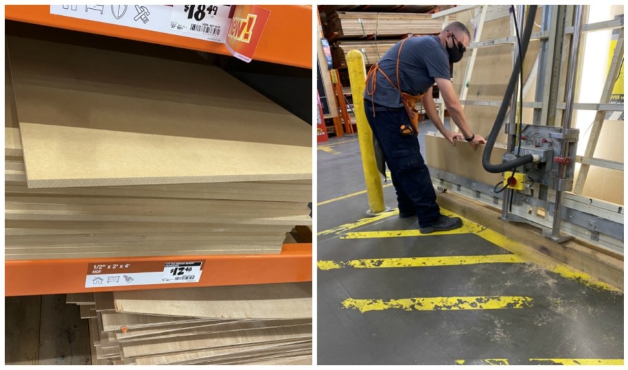 home depot employee cutting wood for porch sign 