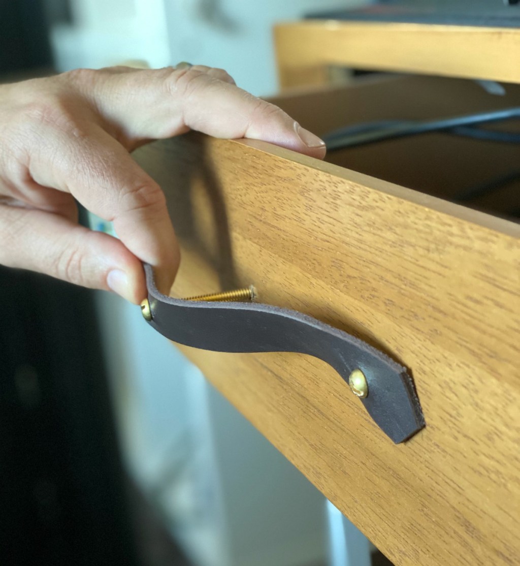 installing leather drawer pulls on a desk