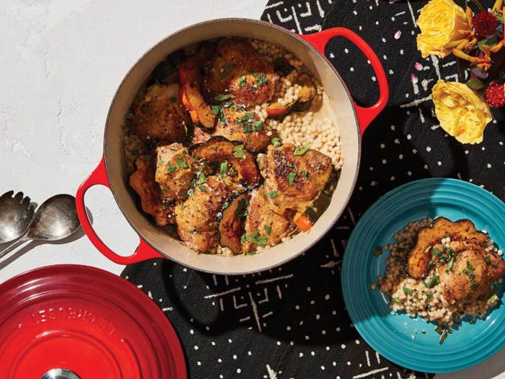 overhead view of meal in a dutch oven