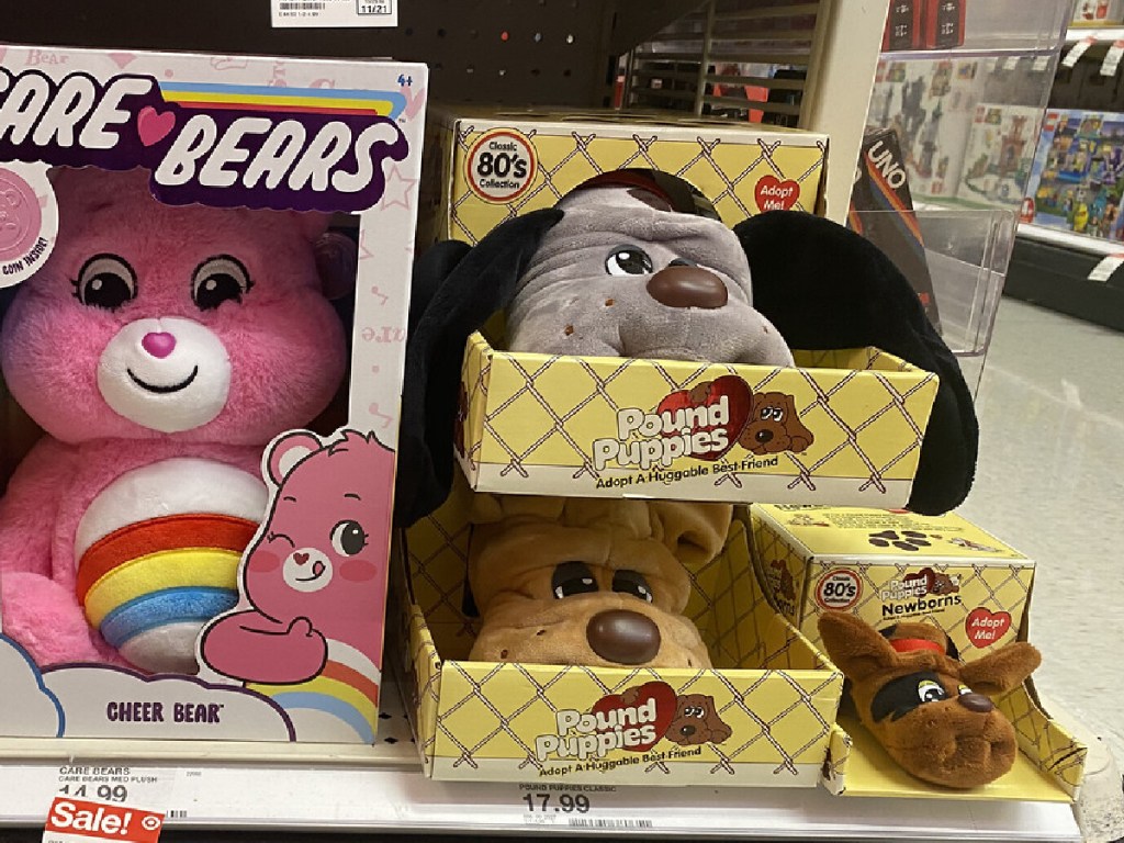 pound puppies and care bears on shelf at target