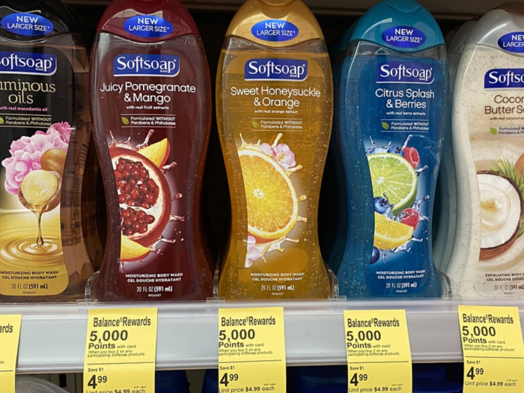 bottles of body wash on store display