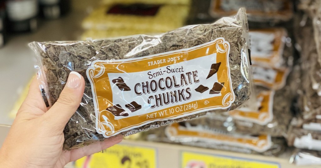 holding Trader Joe's chocolate chunks 