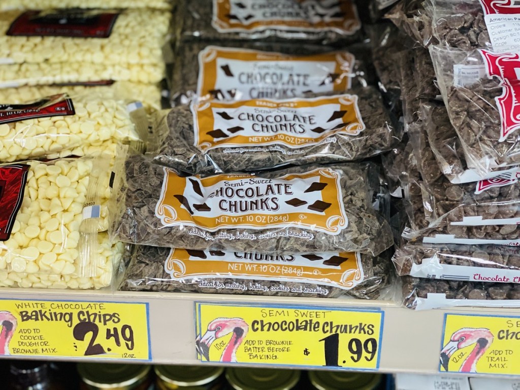 chocolate chunks on shelf at Trader Joe's