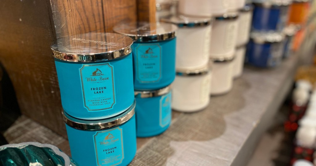 white barn BBW candles many on shelf