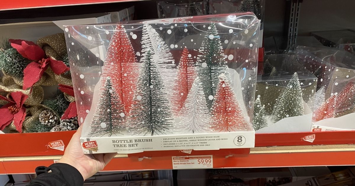 Hand holding a large package of bottle brush style Christmas tree decorations