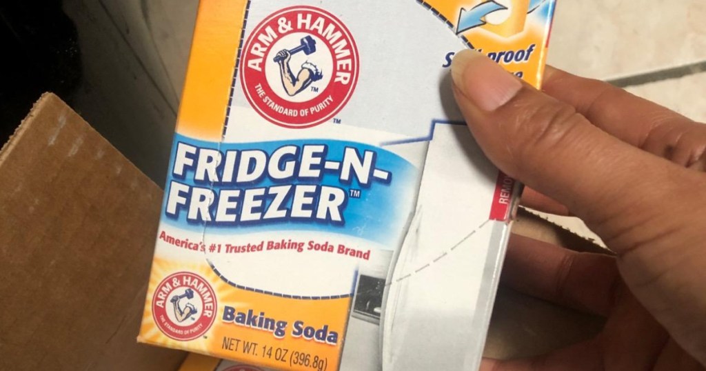 woman's hand holding Arm & Hammer Baking Soda Fridge and Freezer Pack