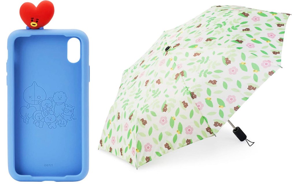 blue silicone iphone case with red heart character at top and white umbrella with green leaves, flowers, and bears print