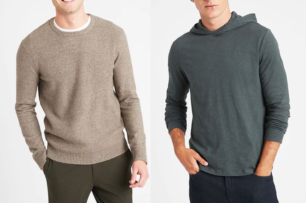 two men modeling a light brown sweater and grey hoodie