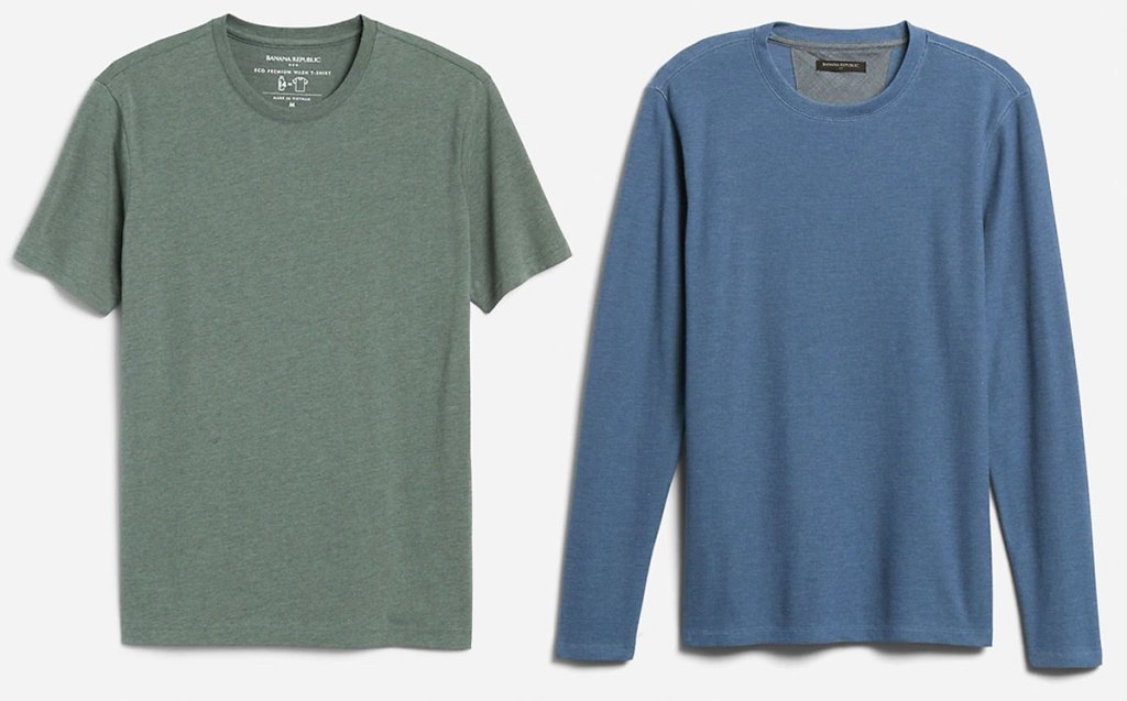 men's short sleeve olive green tee and long sleeve blue pullover