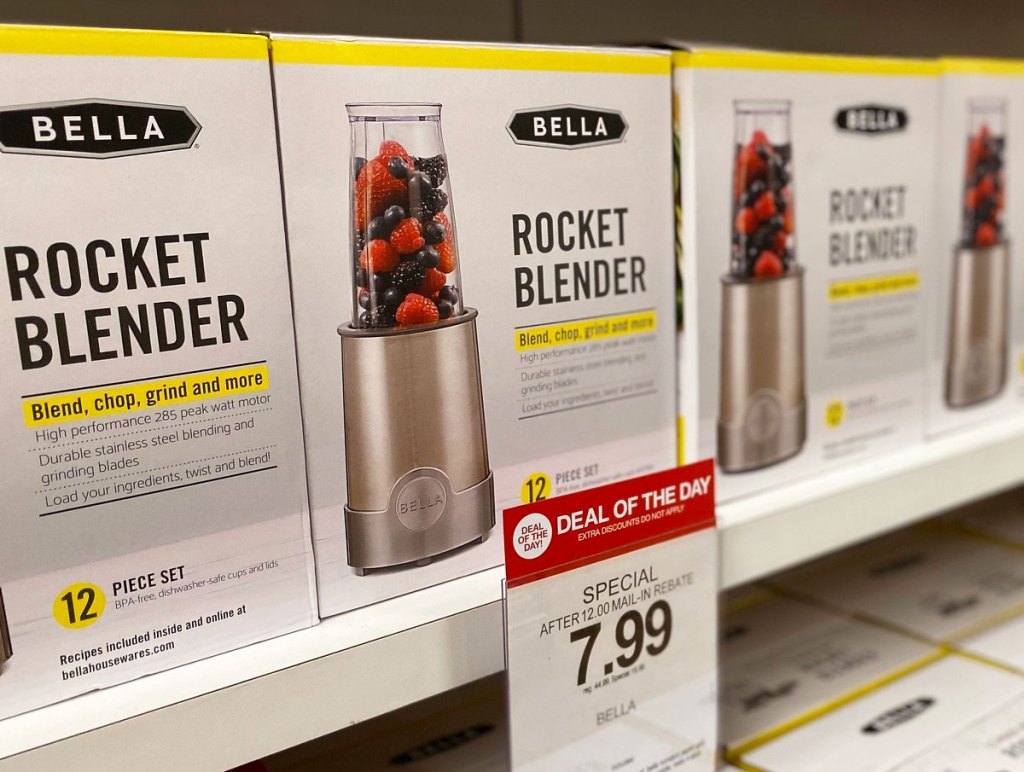 Bella brand rocket blender sets on shelf with $7.99 sale price sign at Macy's