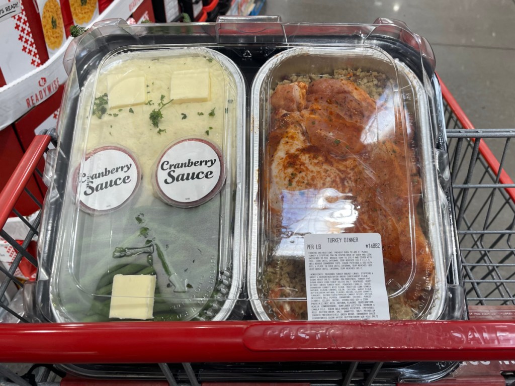 premade costco turkey dinner in shopping cart