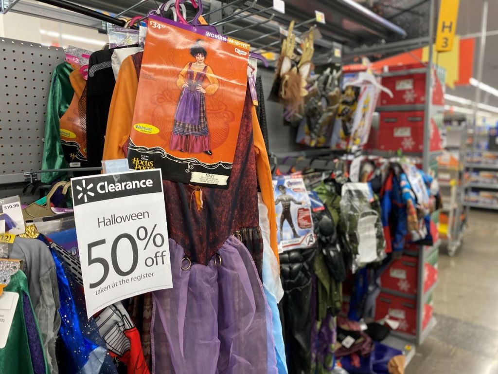 display of Halloween costumes at Walmart