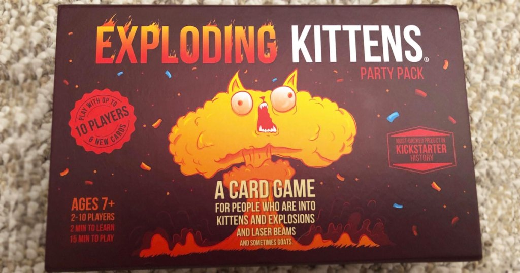 Exploding Kittens Party Pack box on carpet