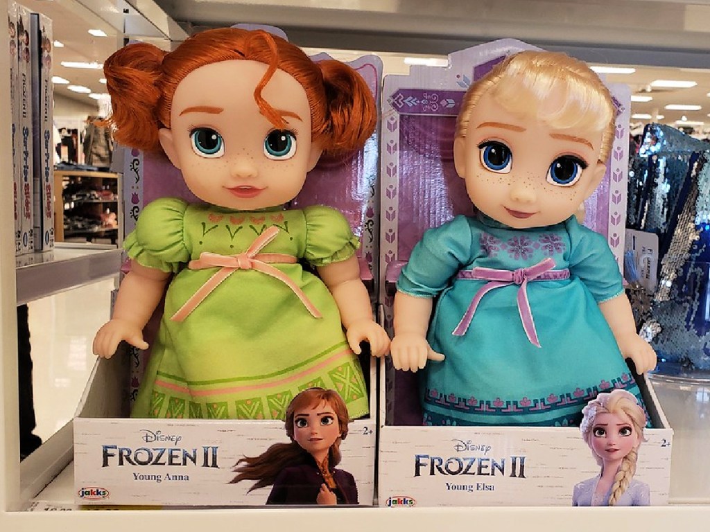 Frozen II Young Anna and Elsa Dolls on shelf at store