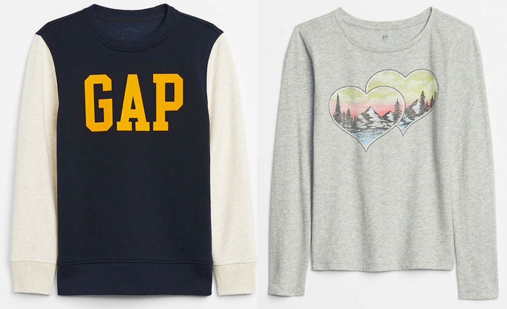 coor block gap boys sweatshirt and grey graphic long sleeve girls shirt