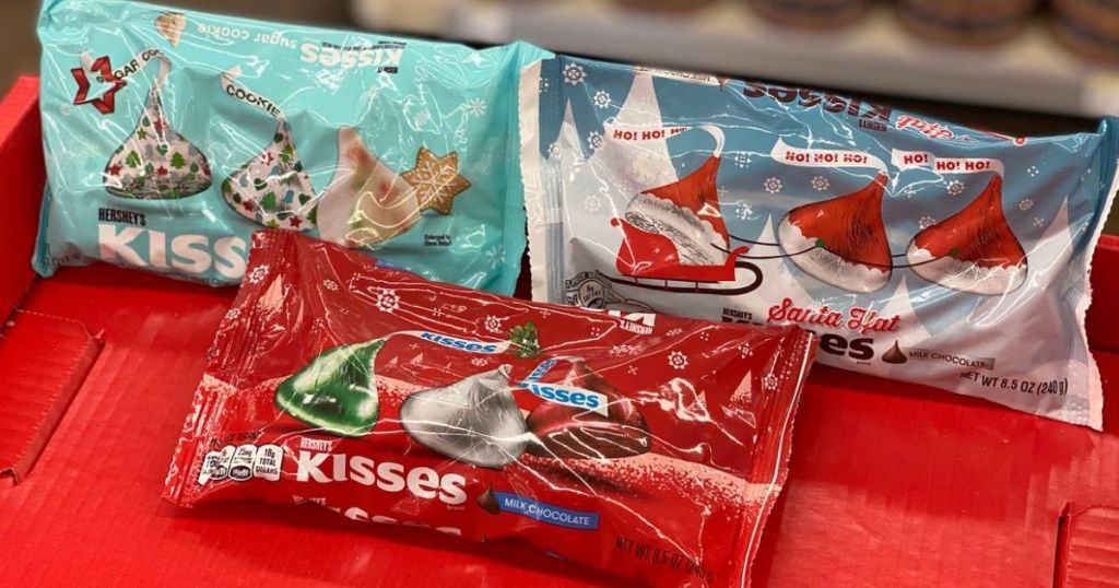 hershey's kisses on red shelf