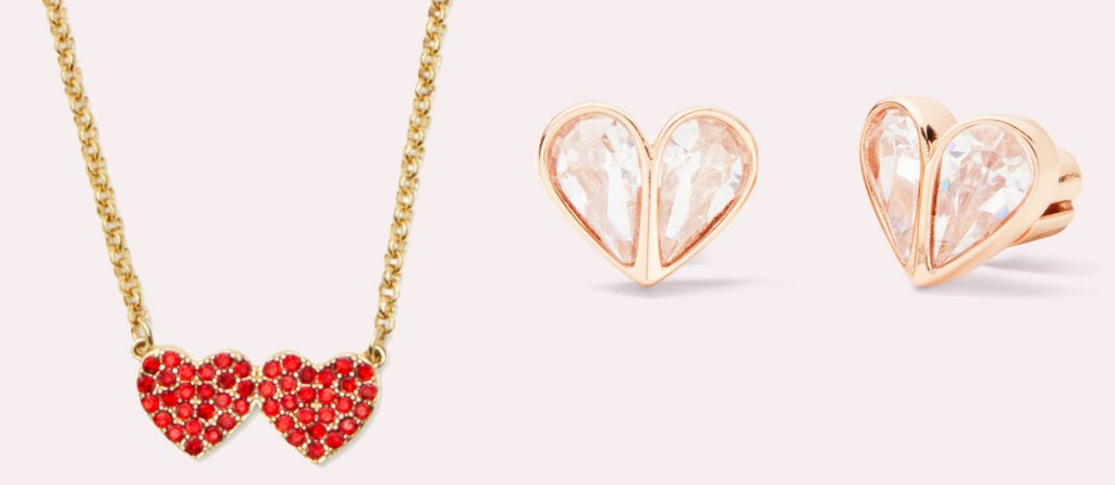 necklace with two red pave hearts next to each other and pair of heart shaped gem earrings