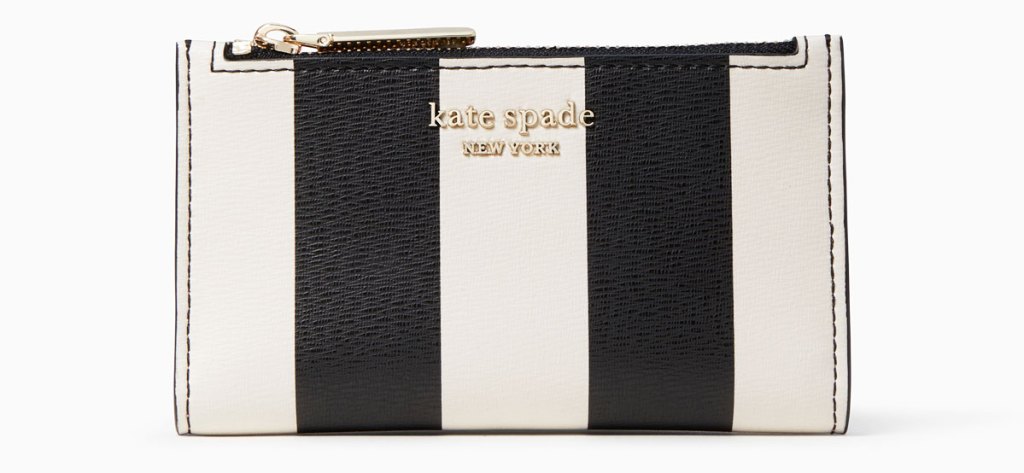 small zip-top wallet with thick black and white vertical stripes