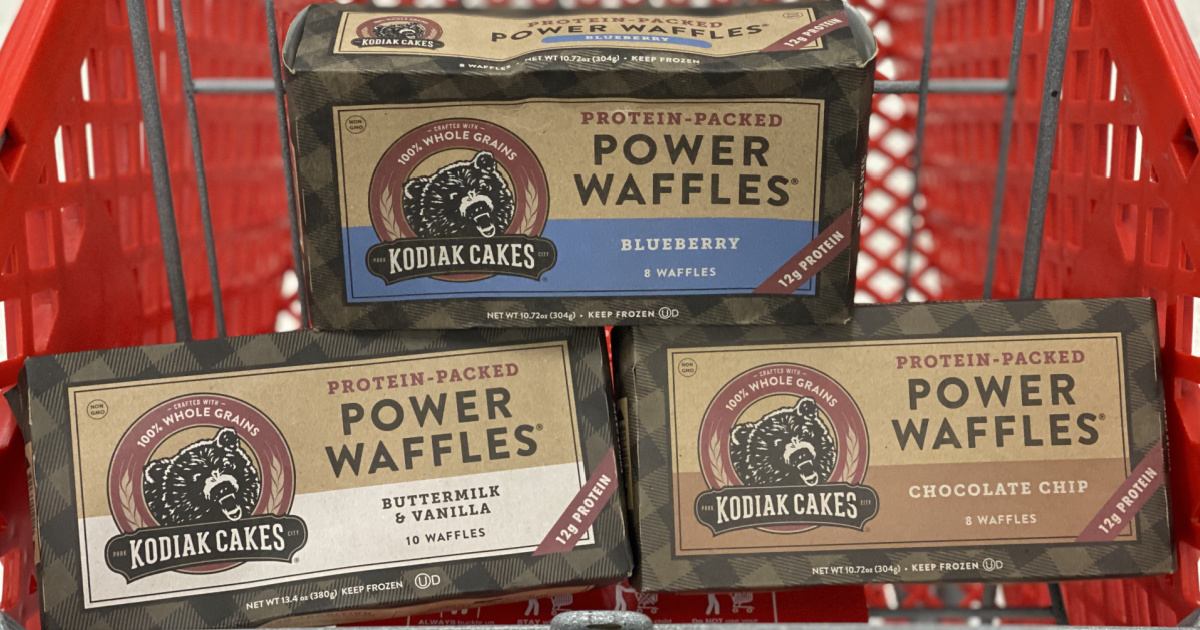 3 boxes of kodiak cakes in a target shopping cart 