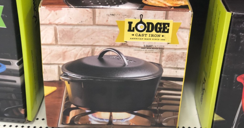 cast iron dutch oven in box on store shelf