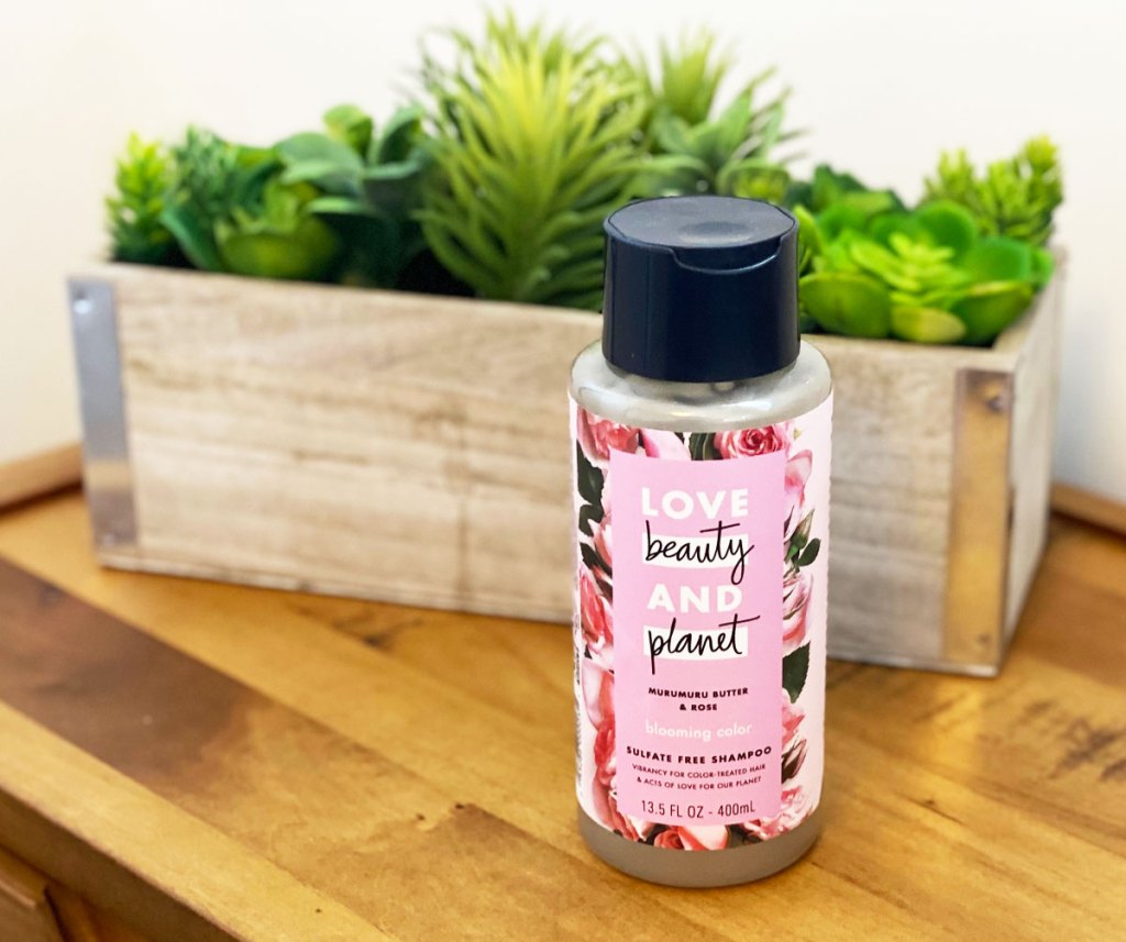 bottle of love beauty and planet shampoo on a wood table with succulent planter in background