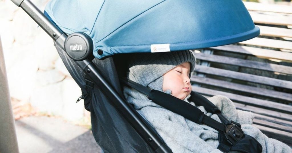 navy Metro stroller with sleeping baby