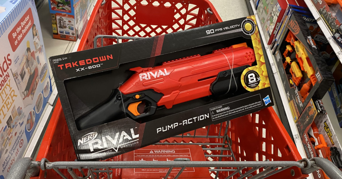 nerf gun in package in a target cart