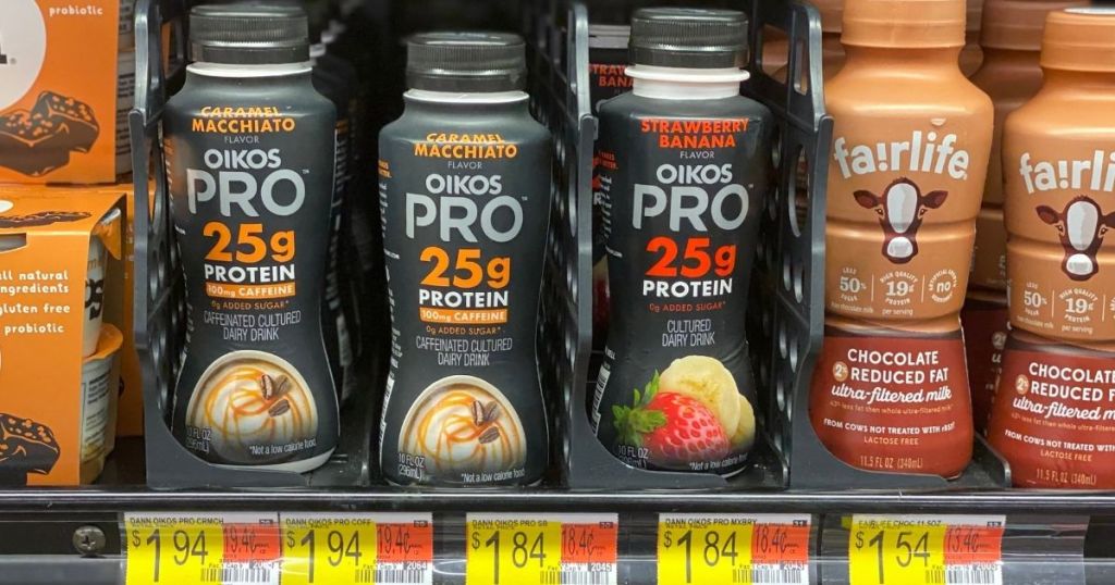 Walmart shelf with Oikos Pro yogurt drinks