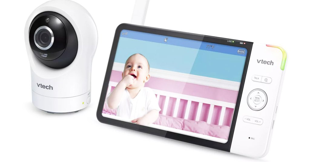 vtech full color baby monitor with round white and black camera