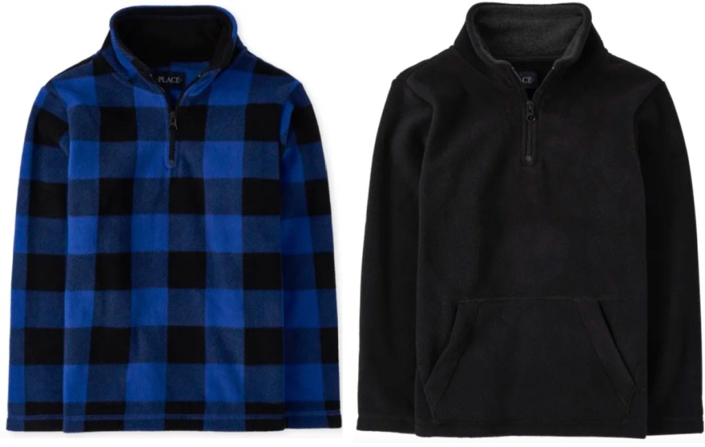 boys fleece pullover blue plaid and black