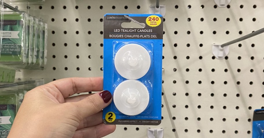 holding LED tealights at Dollar Tree