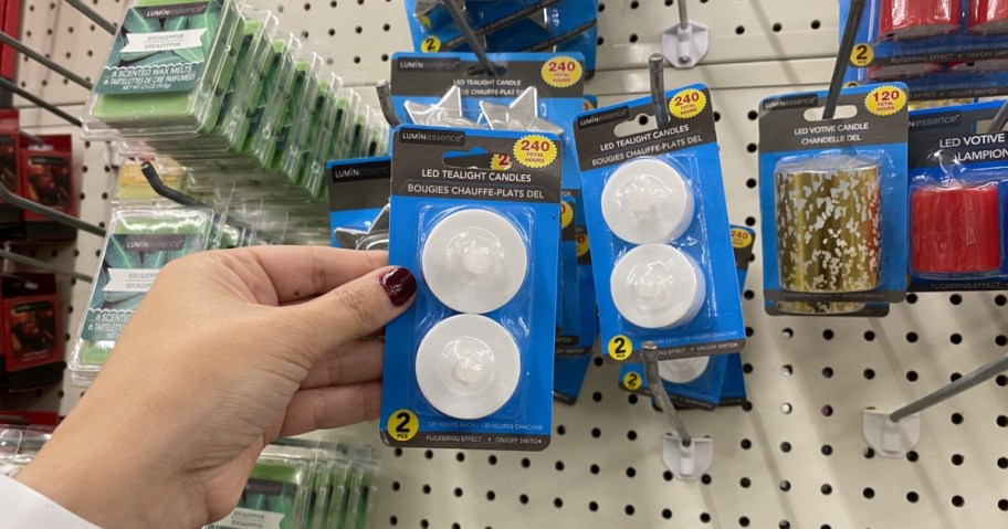 holding LED tealights at Dollar Tree