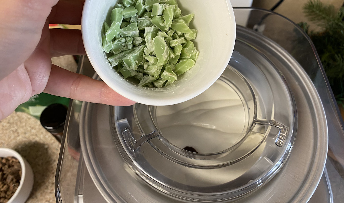 close up of hand holding small white bowl of green chips 