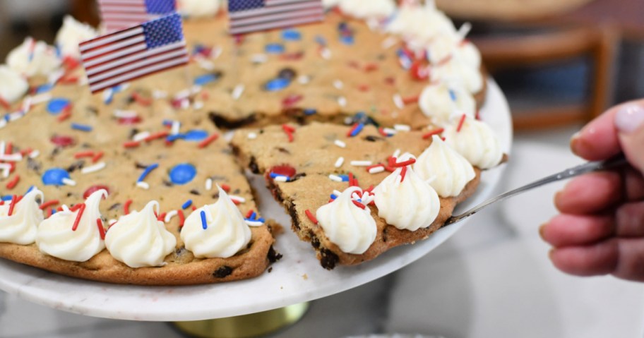 slice of giant chocolate chip cookie cake